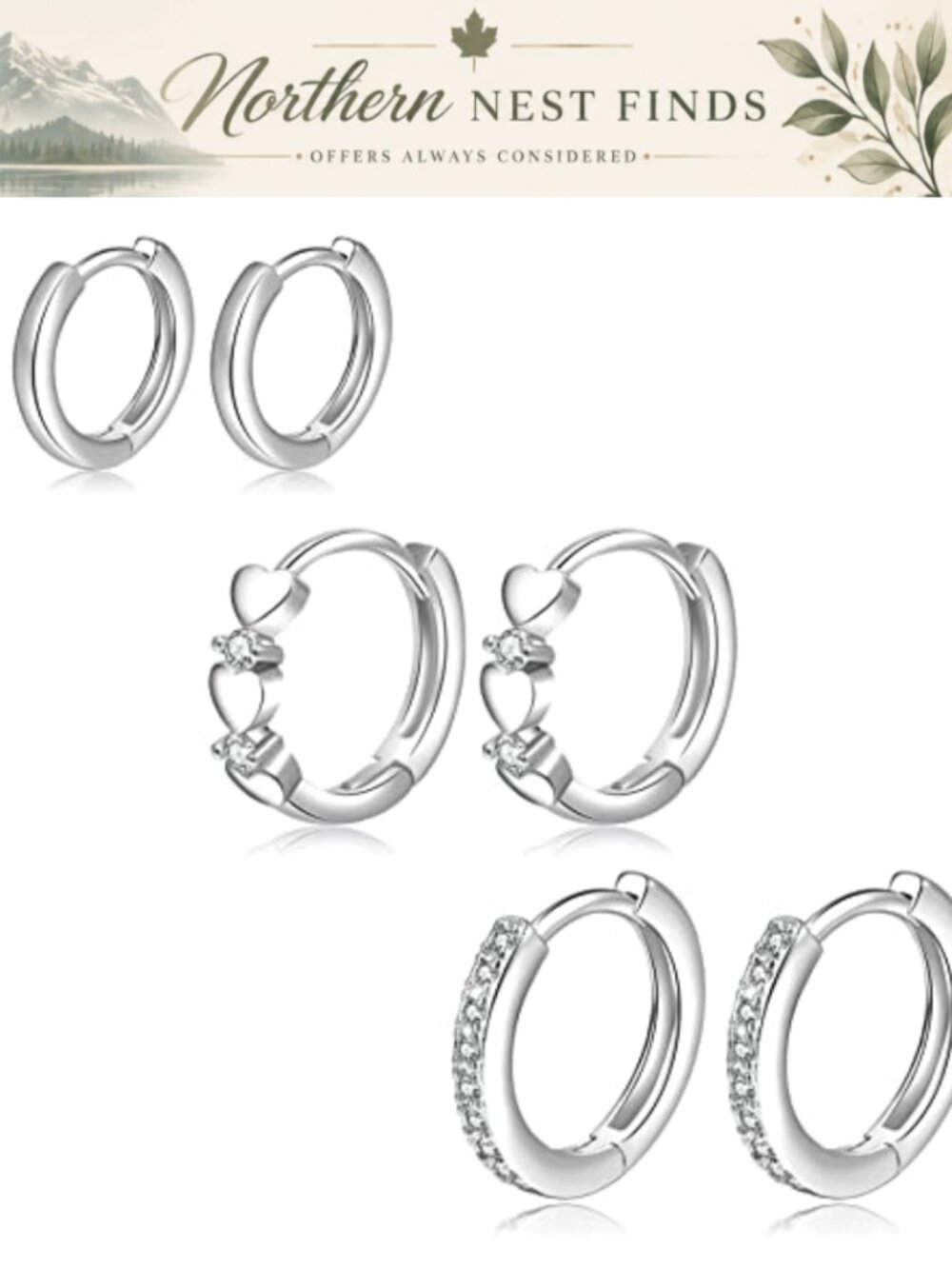 S925 Sterling Silver Small Hoop Earrings Huggie Cartilage Set of 3 Pairs